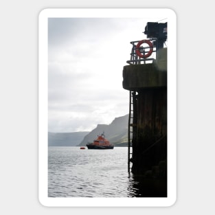 Portree lifeboat at anchor in the harbour, Isle of Skye, Scotland Sticker